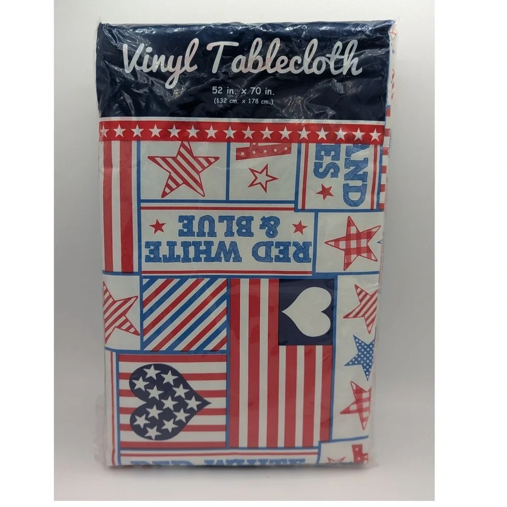 Mainstream Patriotic Red White Blue Vinyl Tablecloth 52x70 Oblong Stars Stripes